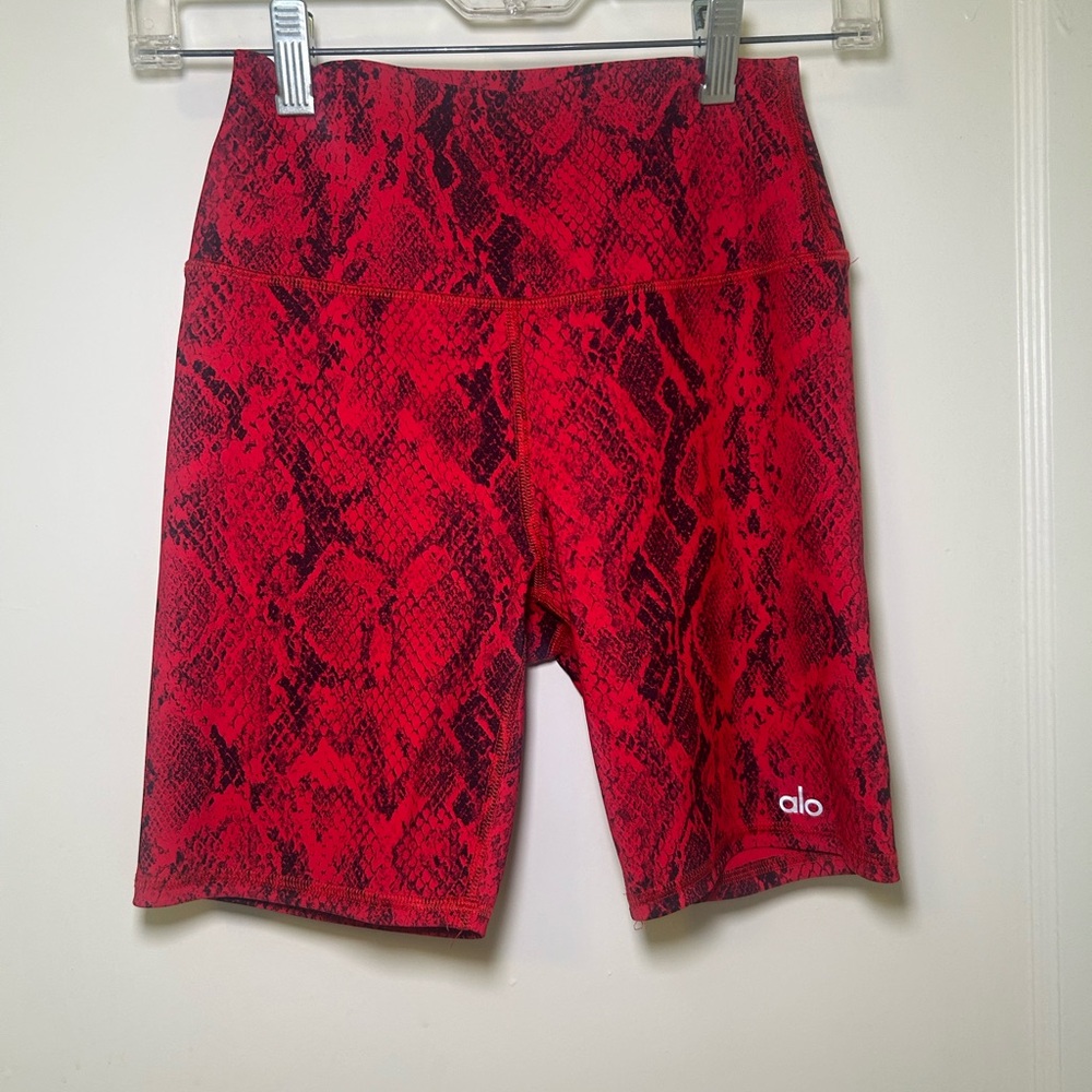 ALO Yoga Red Bike Shorts with Bold Snakeskin Design